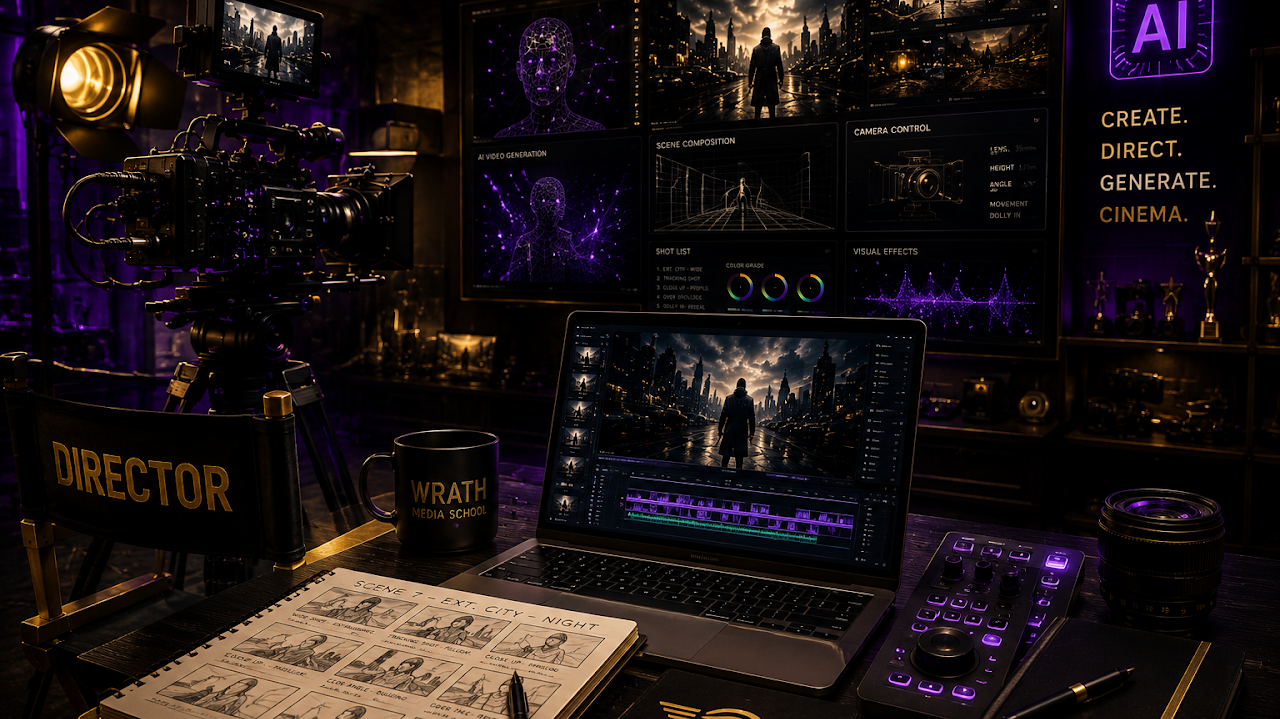 AI film production workspace with a camera, storyboard, and editing screens